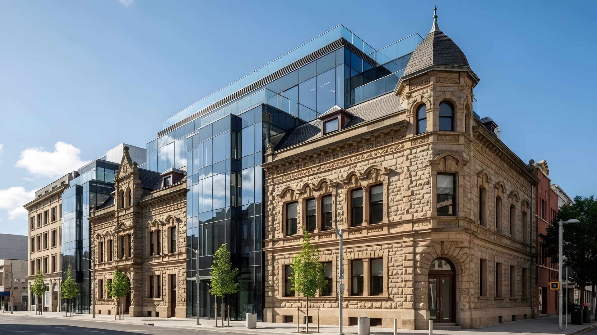 Sanierter historischer Altbau mit moderner Glasfassade.
