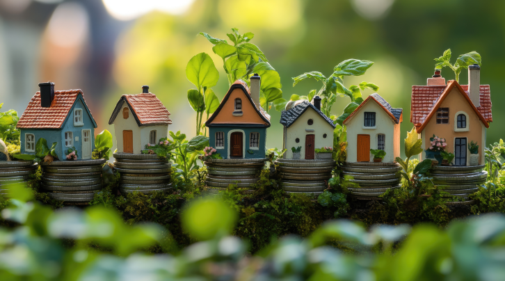 Tiny model houses with red roofs perched on stacks of gold coins