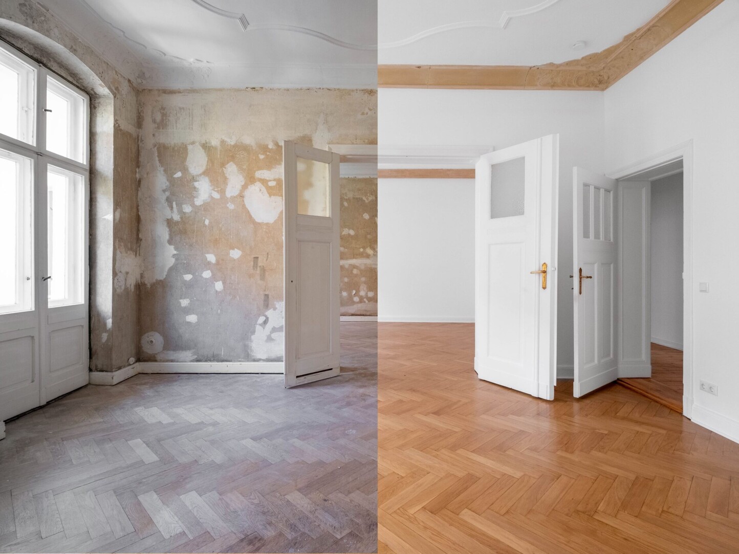 Gespaltenes Bild zwischen einem Raum vor und nach der Sanierung