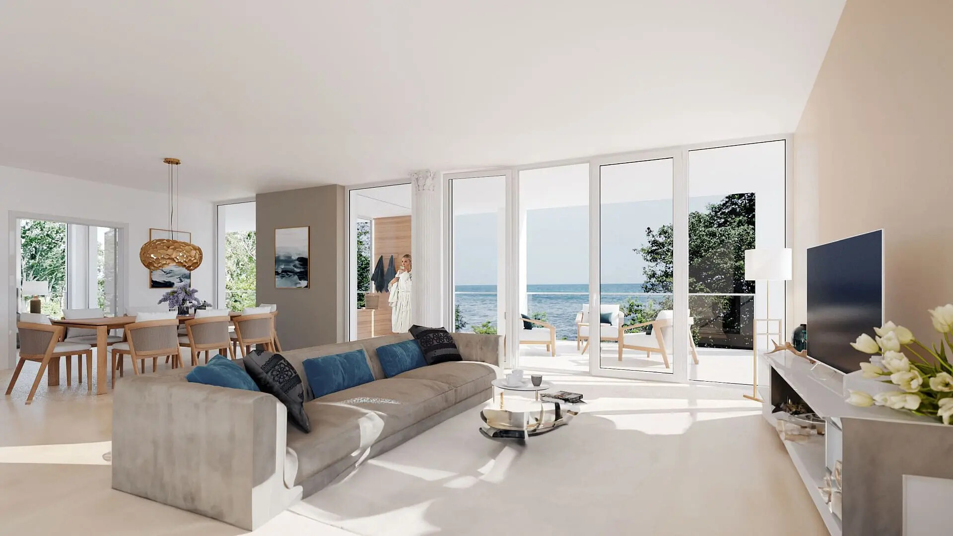 3D-Visualisierung eines Wohnbereichs mit Terrasse