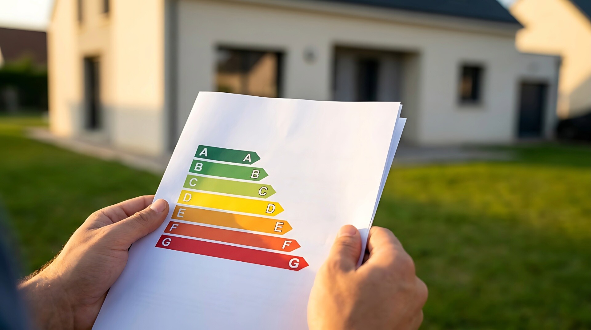 Eine Person hält einen Energieausweis mit der Farbskala A bis G vor einem Einfamilienhaus.