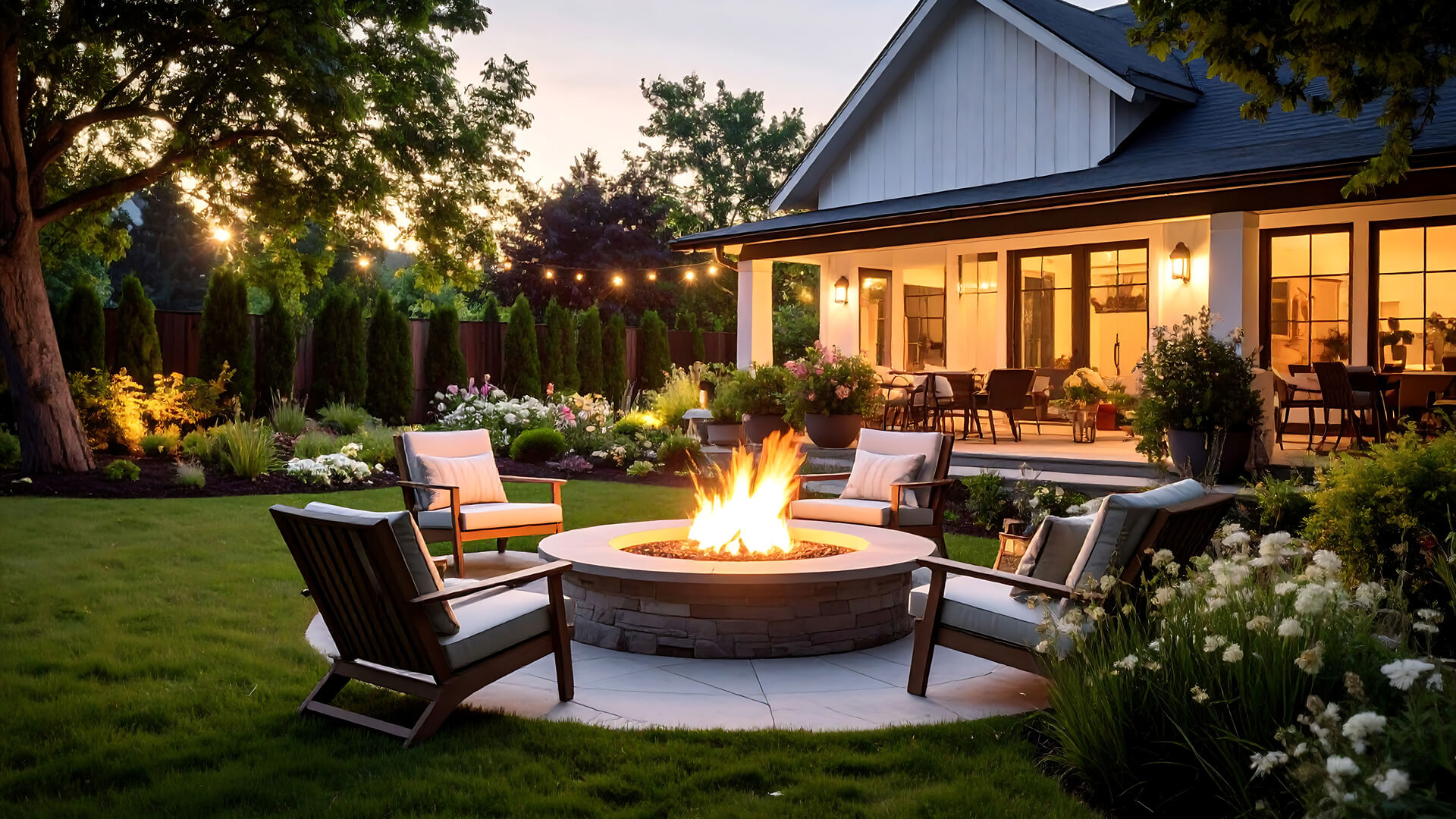 Vier Stühle um eine Feuerstelle auf Patio vor modernem Haus bei Sonnenuntergang.