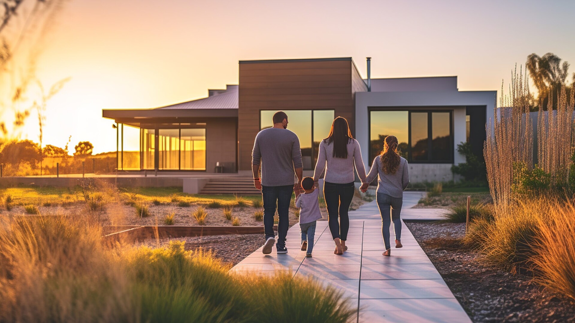 Familie geht bei Sonnenuntergang zum modernen Haus durch den Garten.