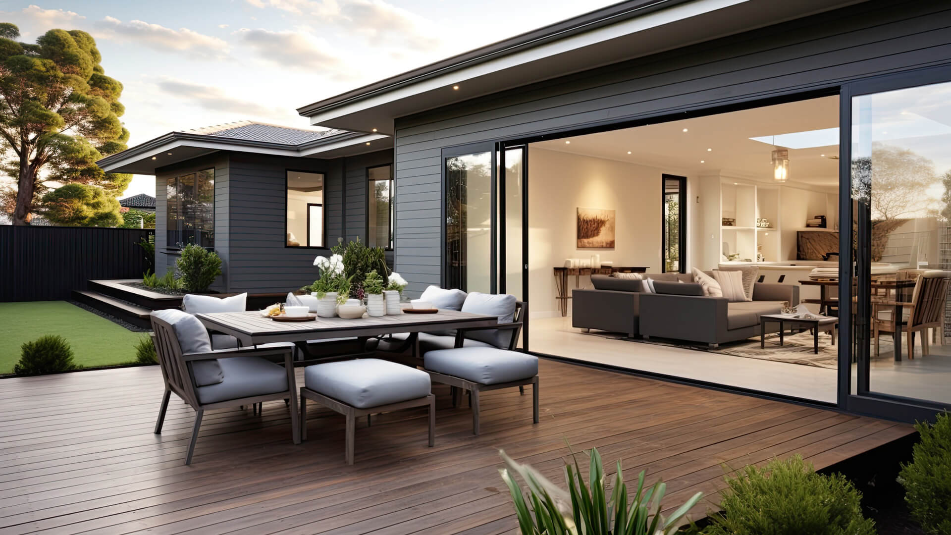 Patio mit Esstisch, Holzdeck und offenen Türen zum Wohnzimmer.