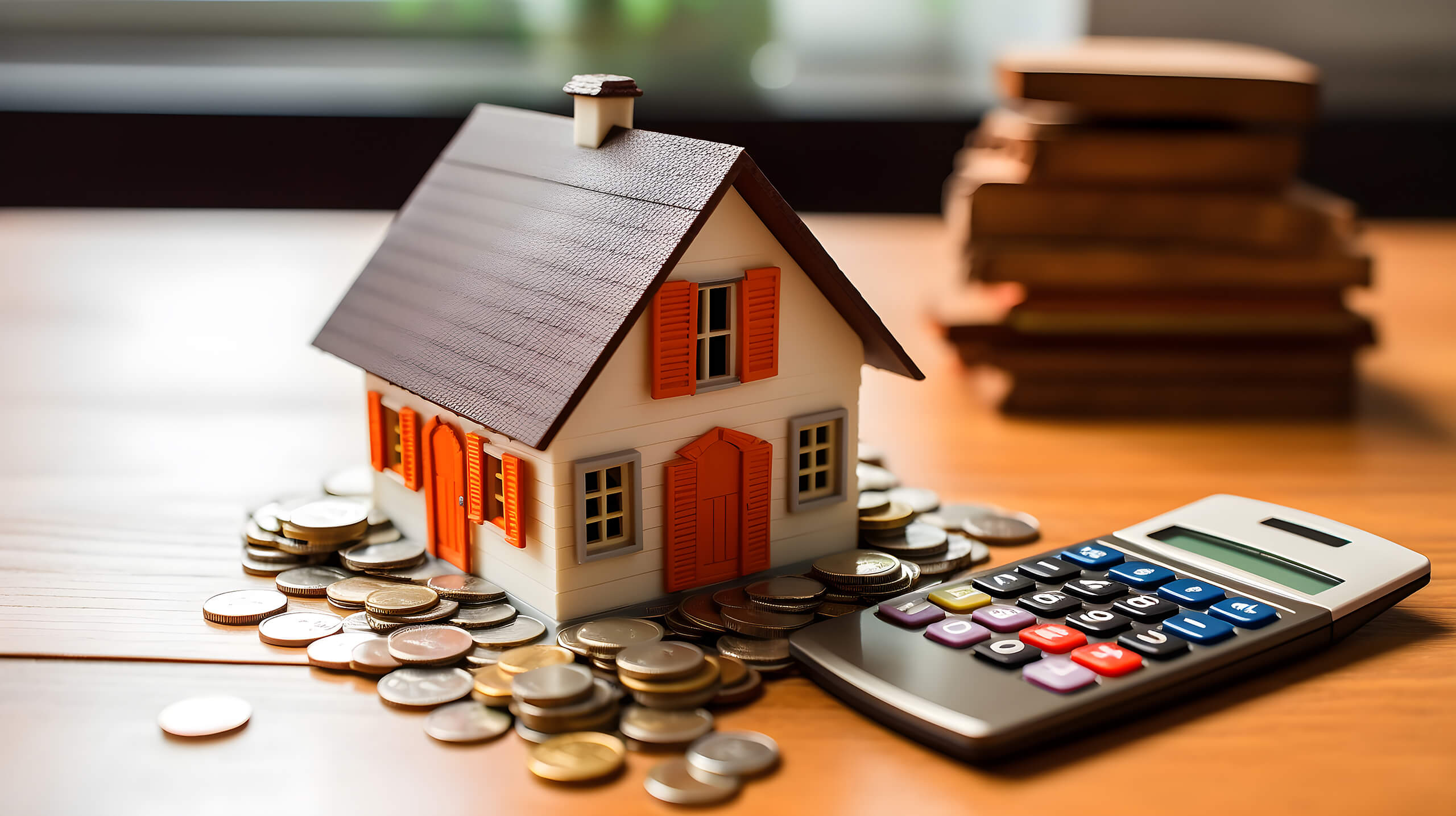 Hausmodell, Münzen und Taschenrechner auf Holztisch.