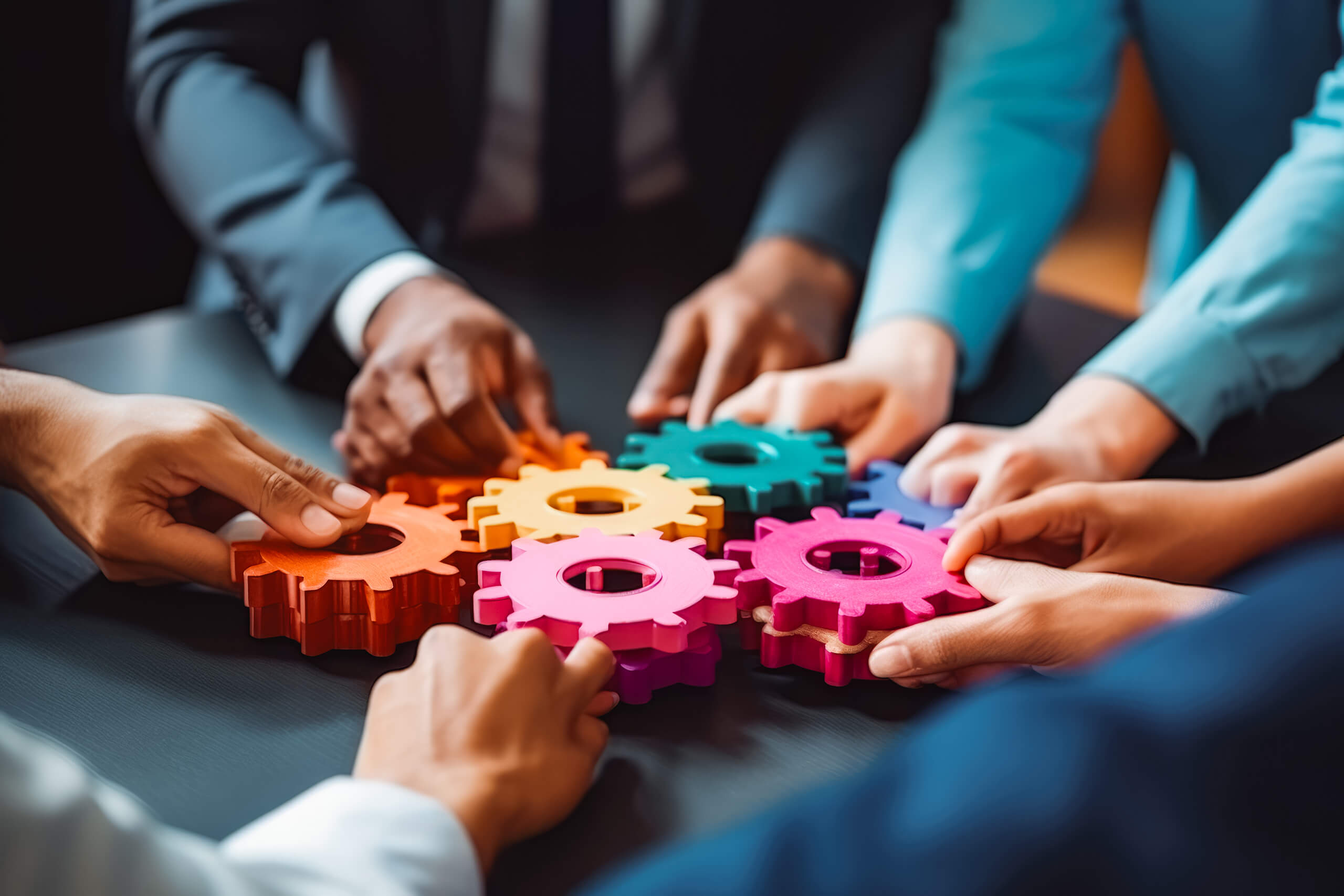 Menschen verbinden bunte Zahnräder auf einem Tisch, Teamwork.