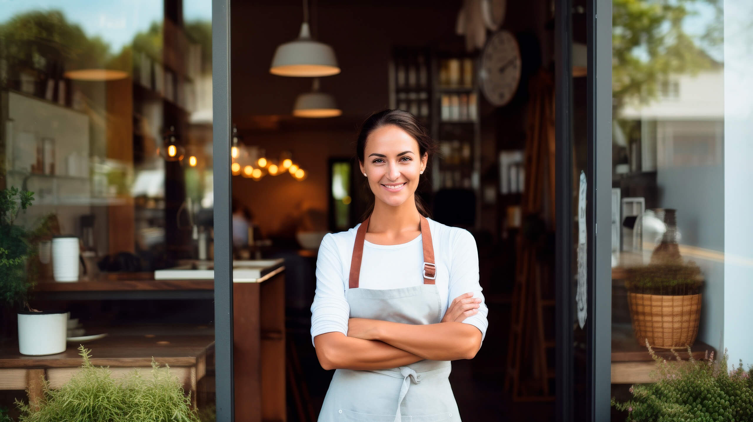 Frau in Schürze lächelt vor Eingang eines gemütlichen Cafés.