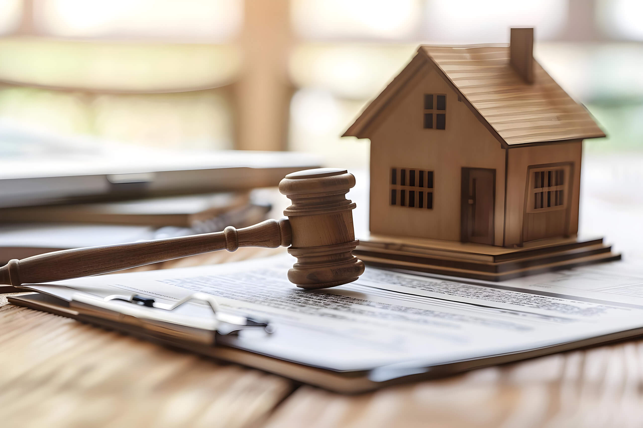 Richterhammer und Hausmodell auf juristischen Dokumenten.