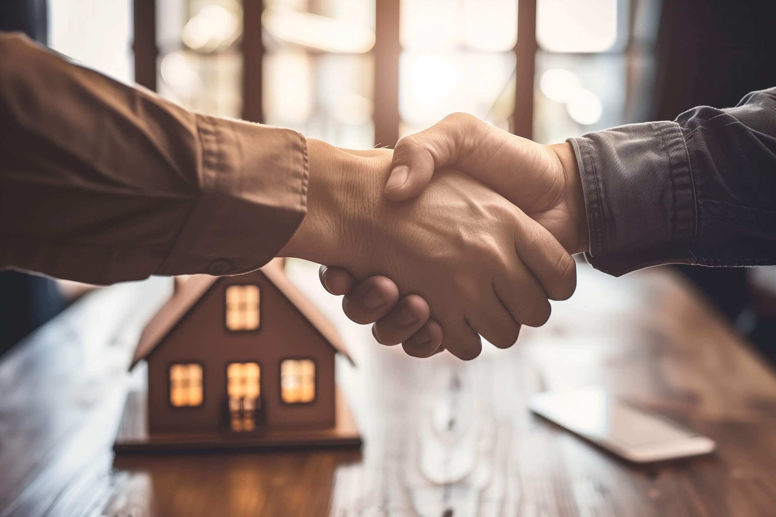 Zwei Personen geben sich vor einem Modellhaus die Hand.