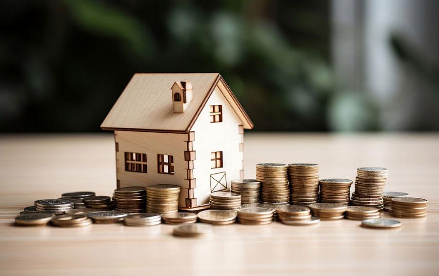 Holzhausmodell und Münzstapel auf Holzoberfläche.