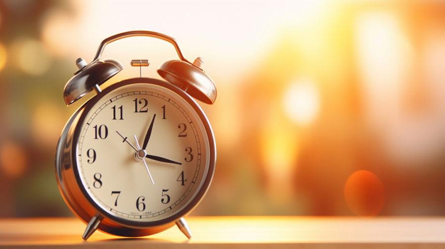 Wecker auf der Oberfläche in goldenem Sonnenlicht, im Freien unscharf.