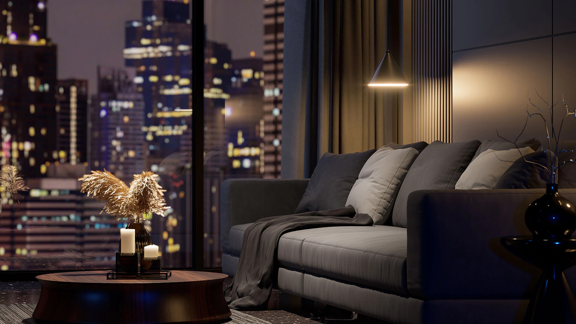 Wohnzimmer mit grauem Sofa, Kissen, Blick auf Skyline bei Nacht.