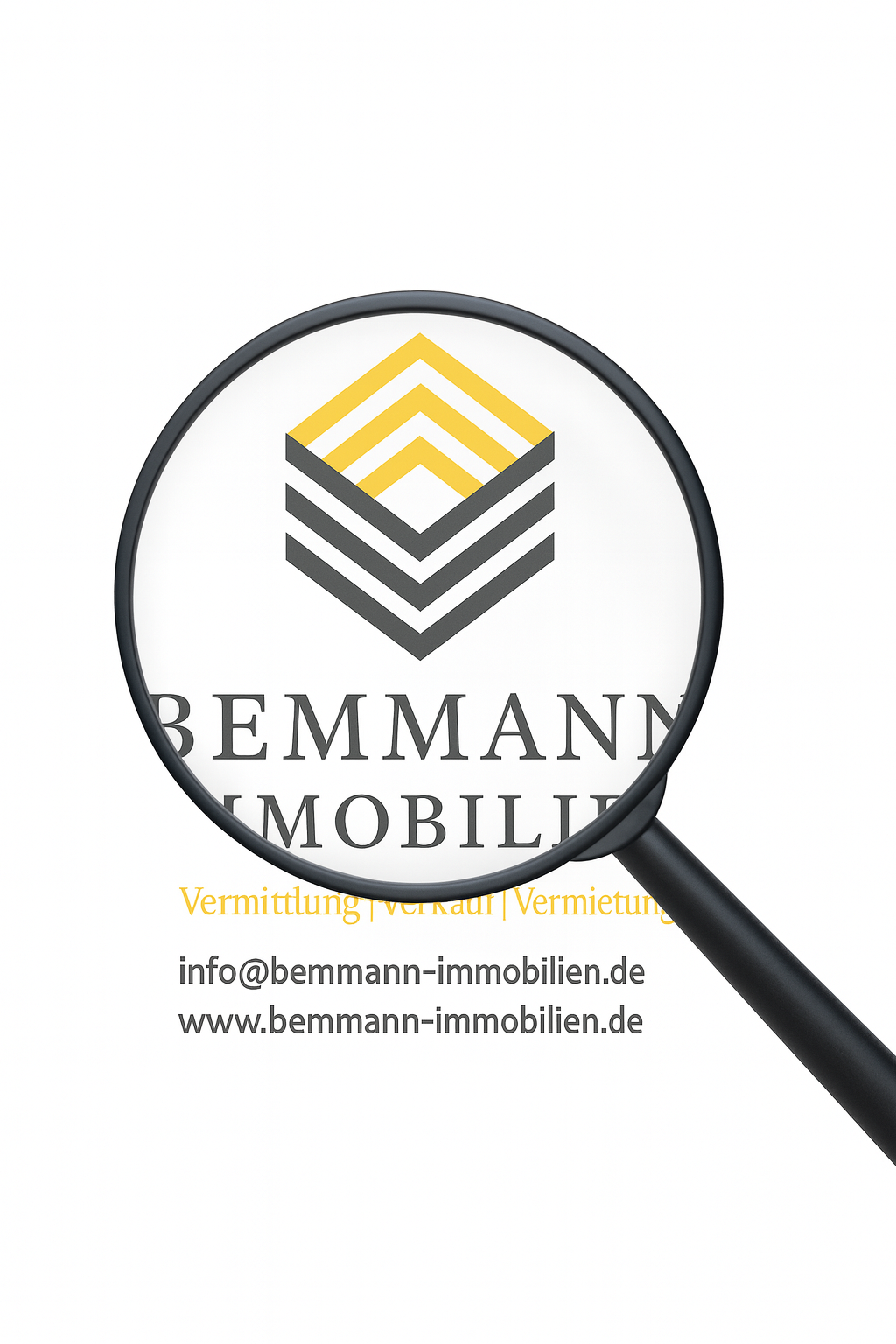 Lupe auf Bemmann Immobilien Logo, gelb-graues Design.