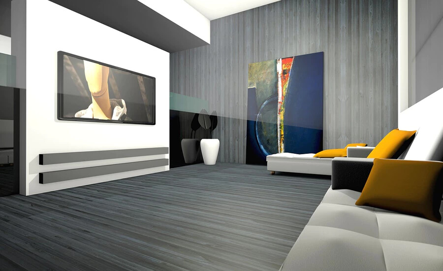 Ein 3D-Rendering eines Wohnzimmers mit Couch und Fernseher