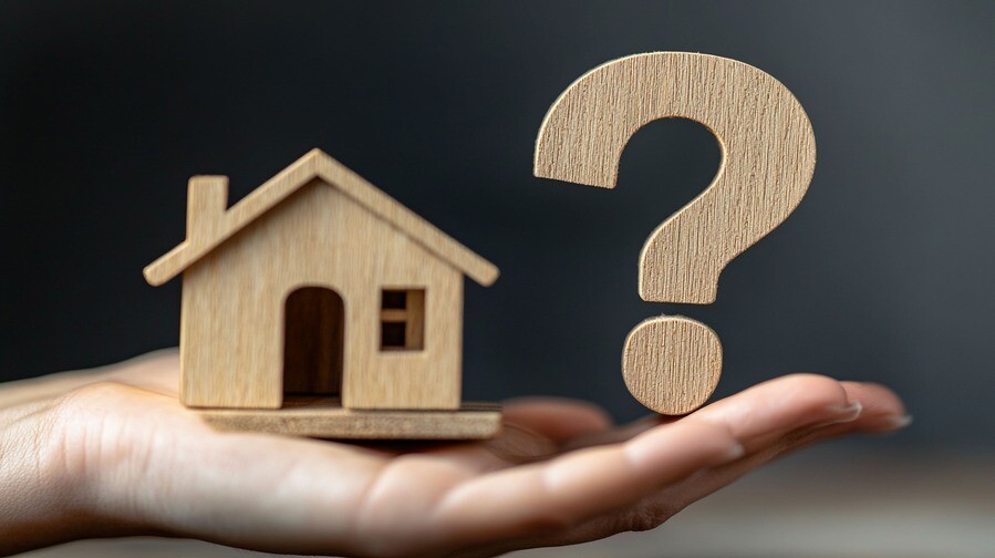 Ein Hand hält ein Fragezeichen und ein Hausmodell aus Holz