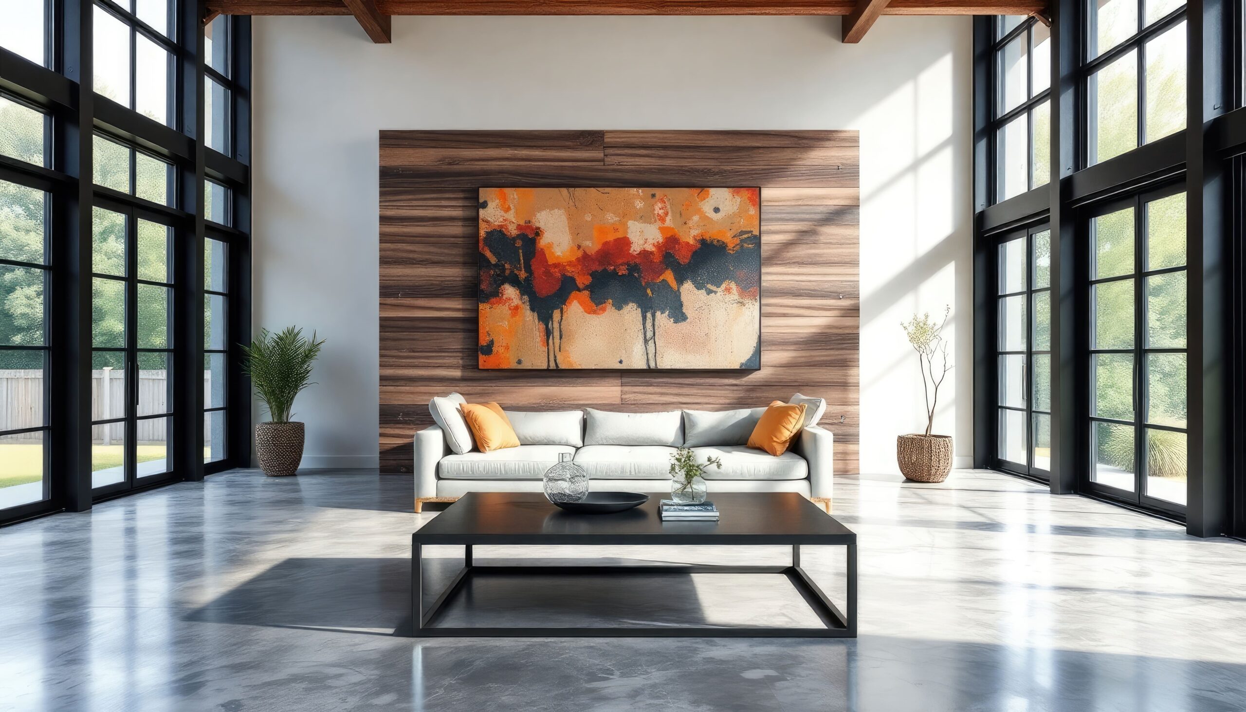 Ein Wohnzimmer im industriellen Stil mit großen Fenstern