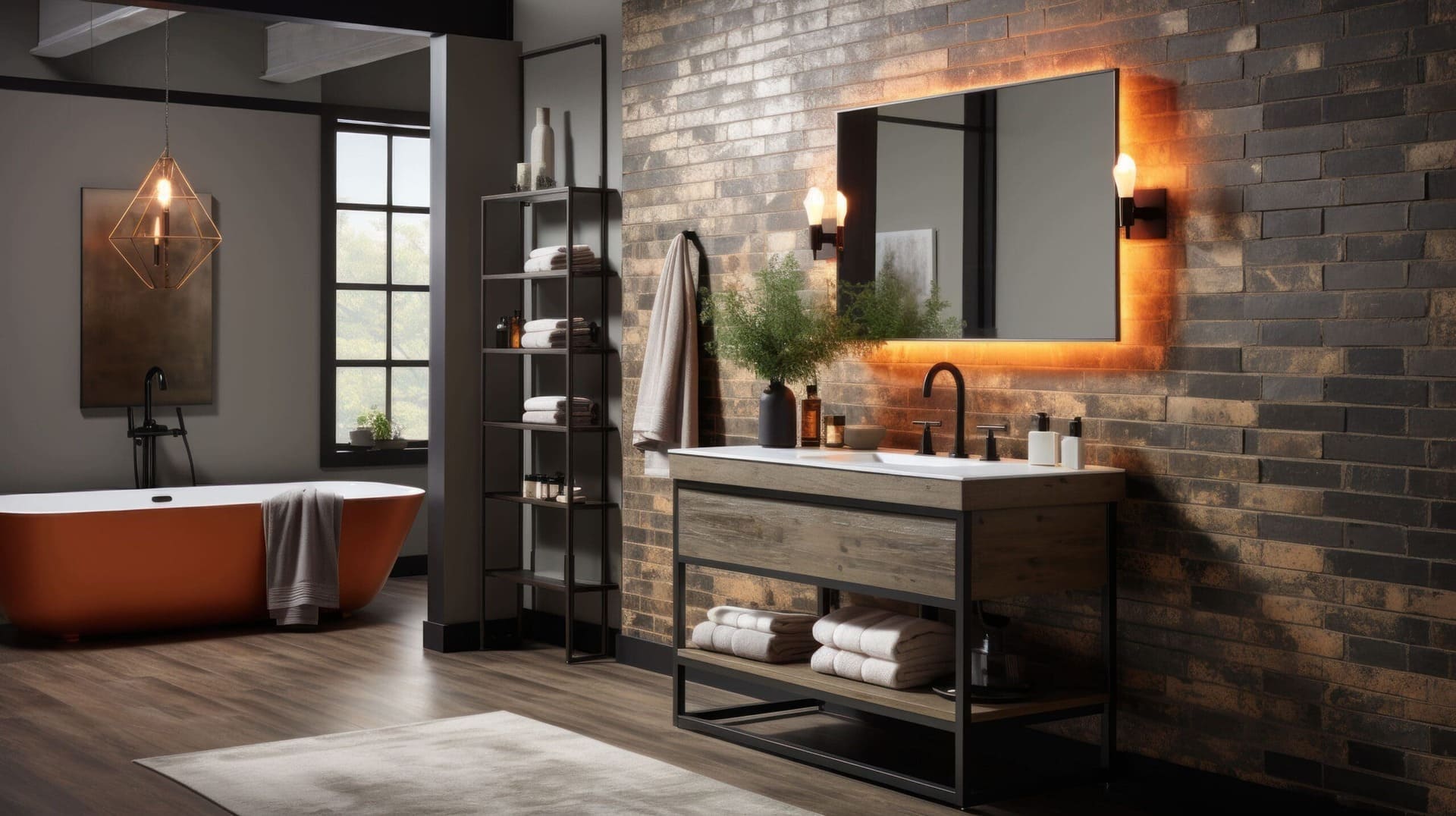 Ein Badezimmer im industriellen Stil mit Backsteinwand