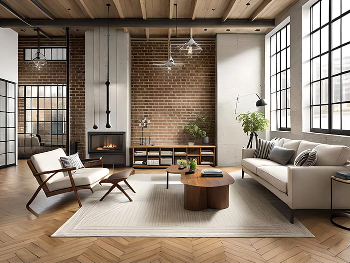 Ein Wohnzimmer im industriellen Stil mit Backsteinwand und großen Fenstern