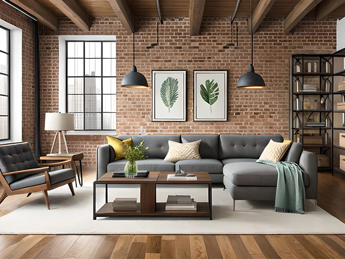 Ein Esszimmer im industriellen Stil mit Backsteinwand und Regalen