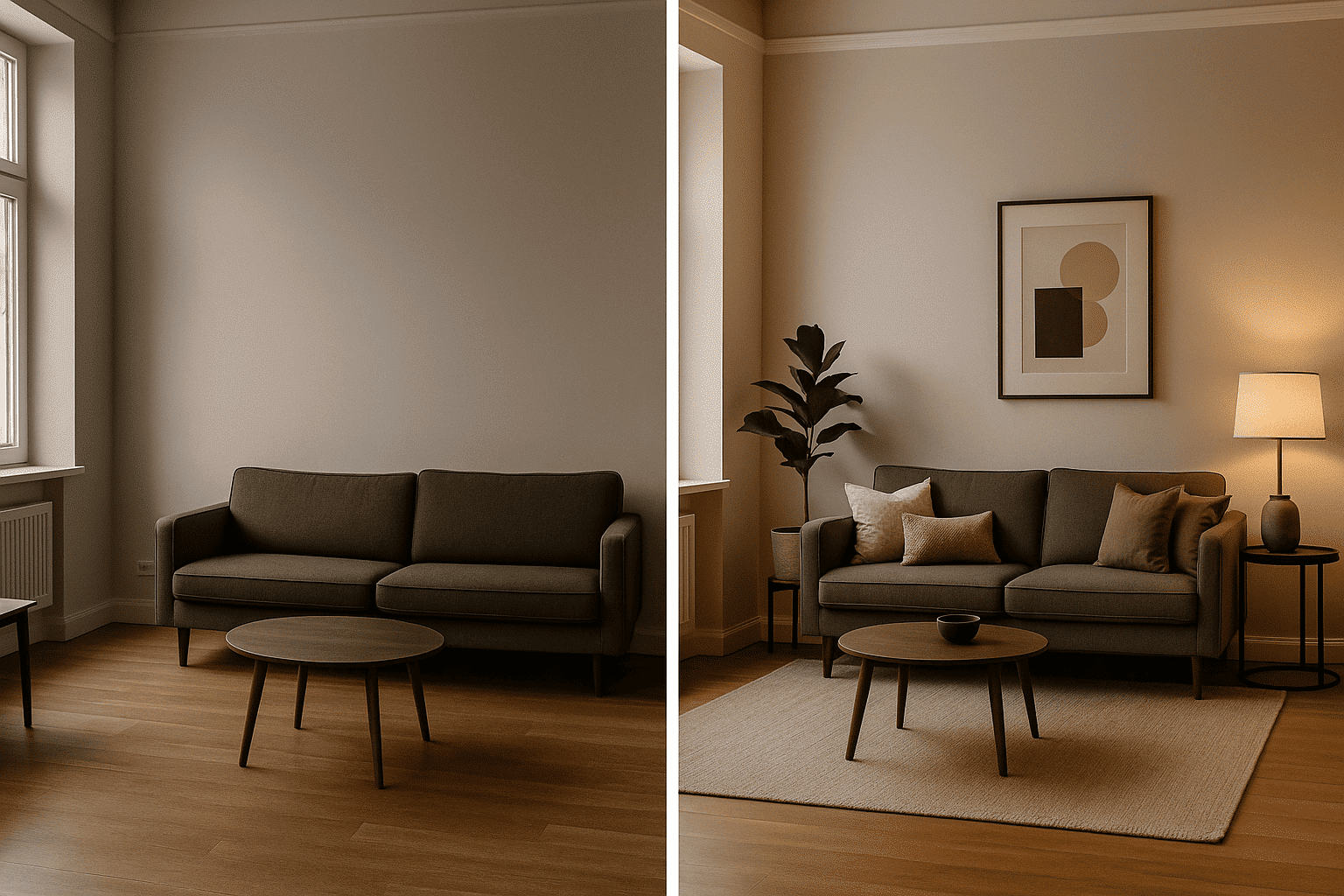 Vergleich Wohnzimmer mit und ohne Home Staging