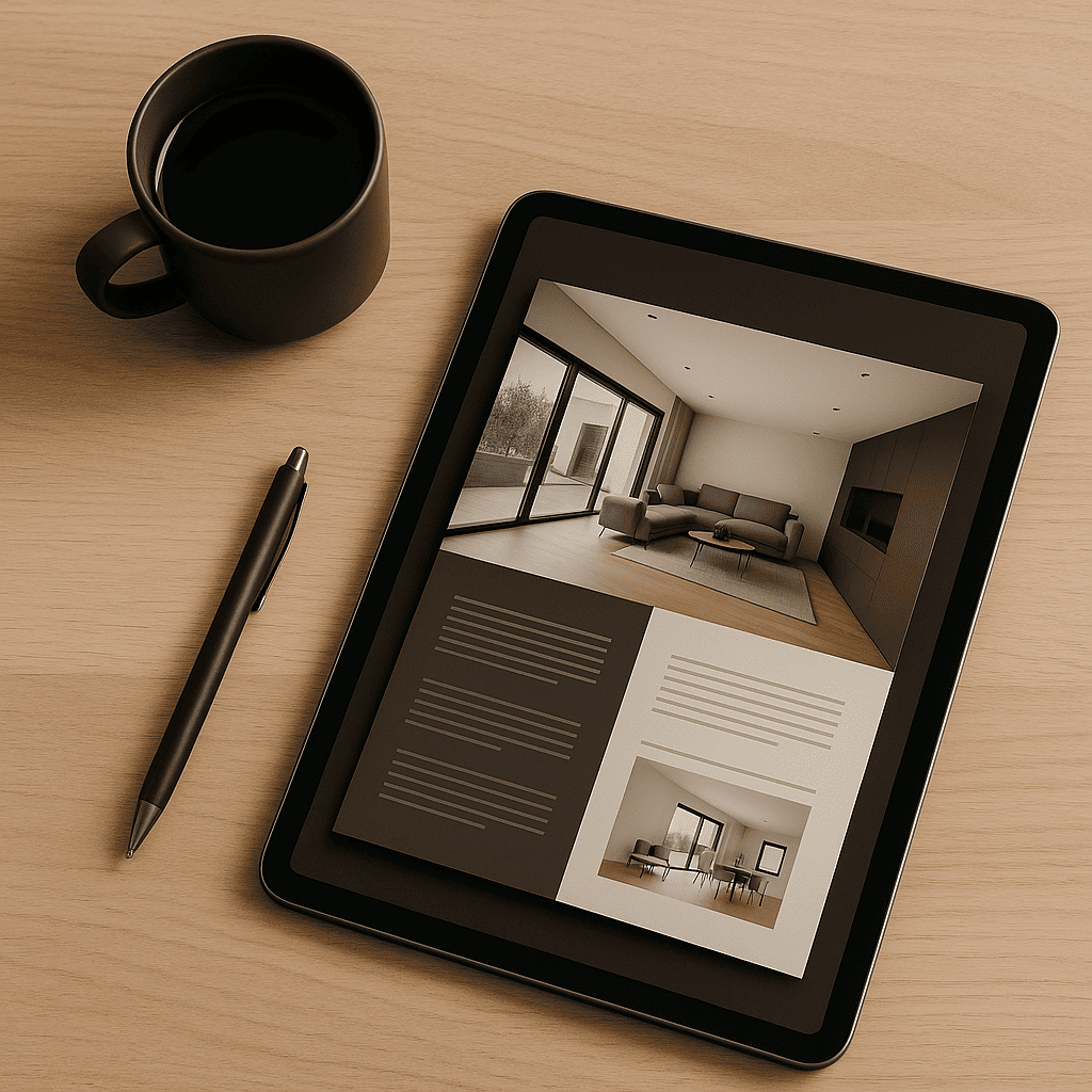 Tablet mit Immobilienexposé und Stift und einem Kaffee