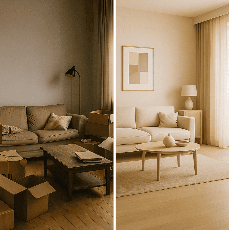 Vergleich von unaufgeräumtem und aufgeräumtem Wohnzimmer