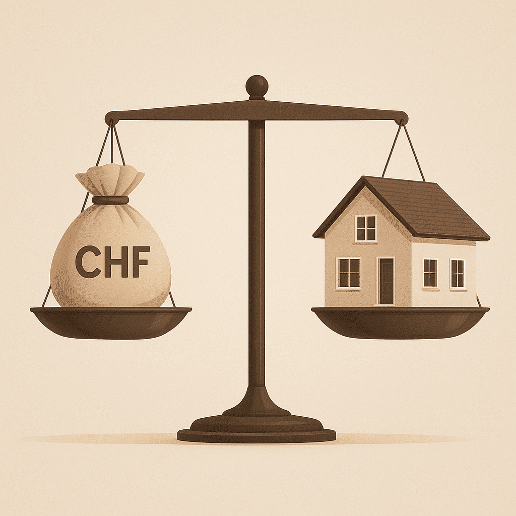 Waage ausgeglichen mit Geldsack und Modellhaus