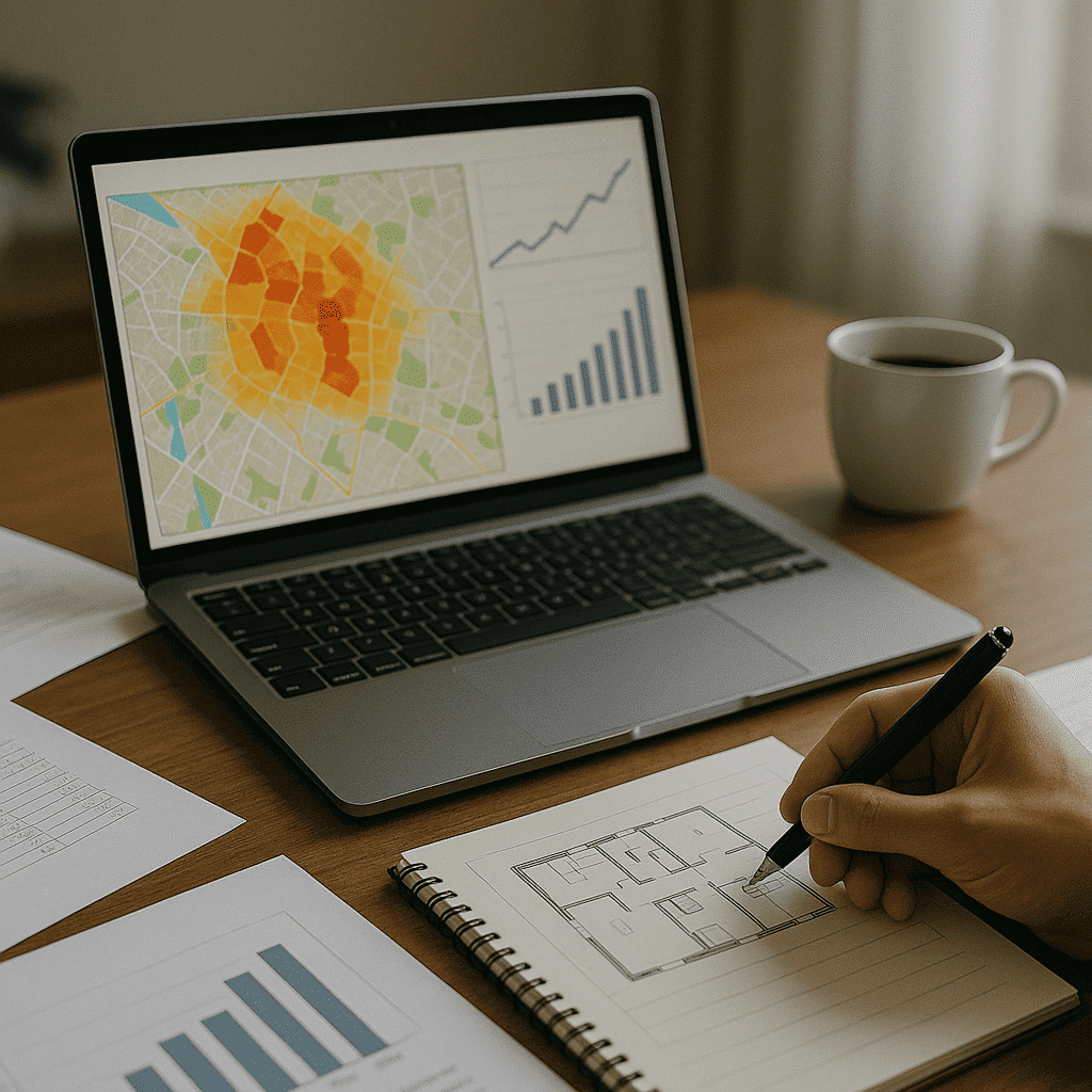 Person analysiert Immobilienmarkt auf Laptop mit Preiskarte und Diagrammen, daneben Grundrisszeichnung – Symbolbild für Marktkenntnis als Verkaufsfaktor