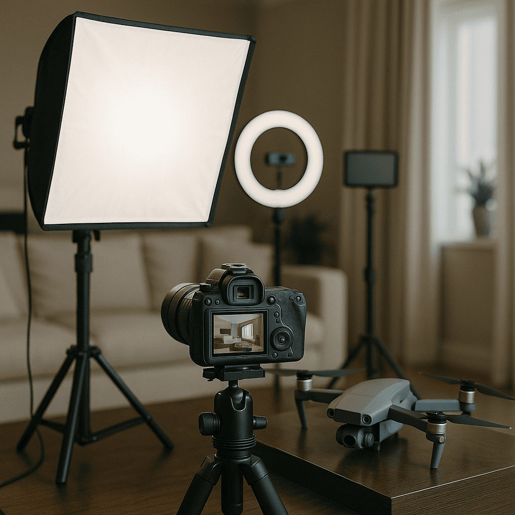 Professionelles Foto- und Videoequipment mit Kamera, Drohne und Beleuchtung im Wohnzimmer – Bocelli Immobilien bereitet hochwertige Immobilienaufnahmen vor.