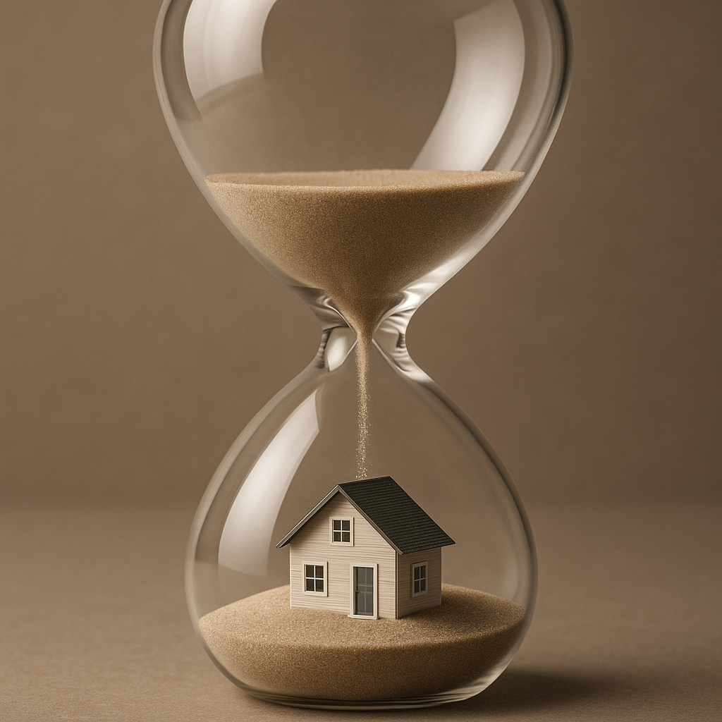 Symbolbild einer Sanduhr mit einem Haus im unteren Teil – steht für den richtigen Zeitpunkt beim Immobilienverkauf.