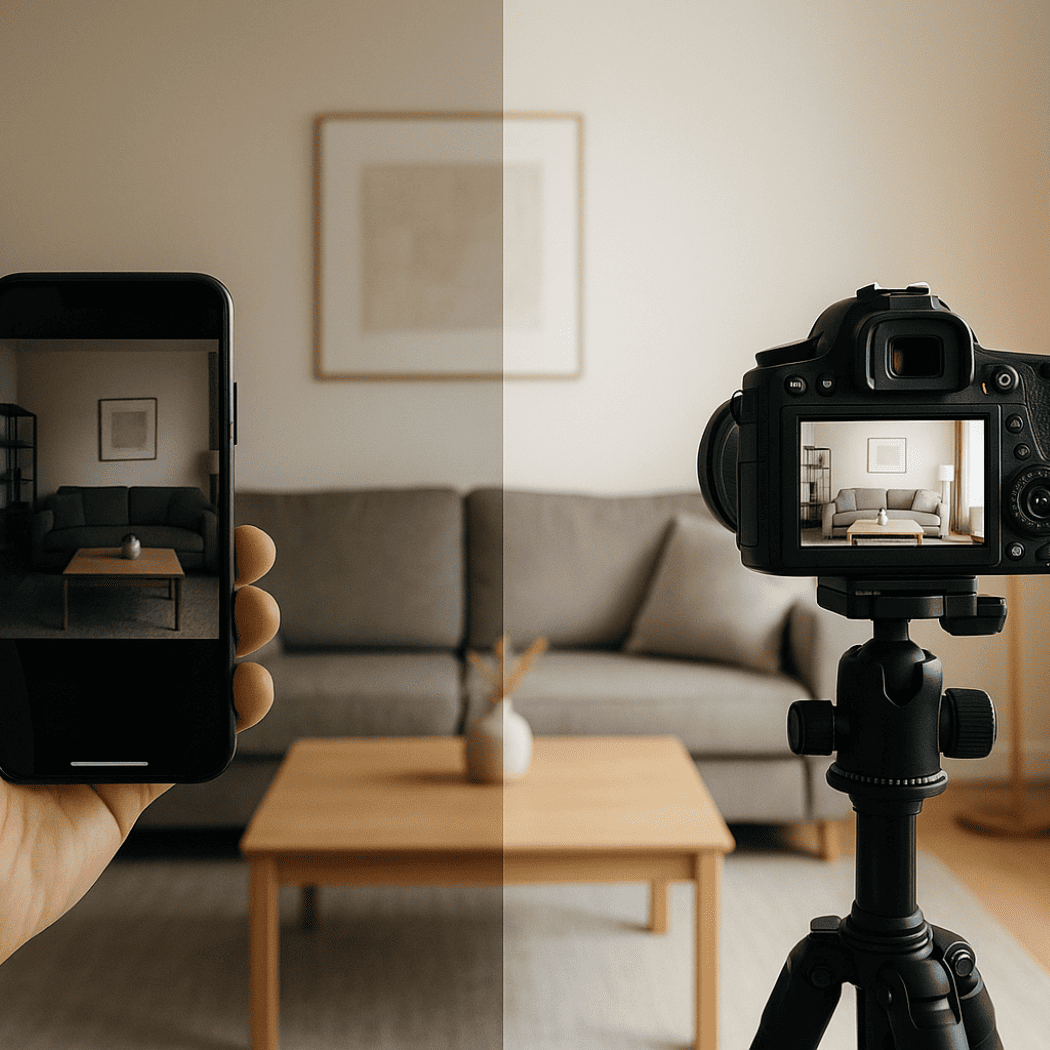 Professionelle Immobilienfotografie eines Wohnzimmers – Vergleich zwischen Smartphone und Kamerafoto