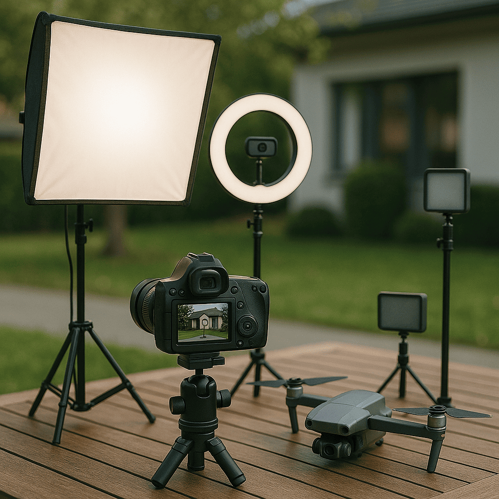 Professionelles Kamera- und Drohnensetup mit Beleuchtung für Aussenaufnahmen eines Hauses – Bocelli Immobilien bei der Erstellung hochwertiger Immobilienfotos.