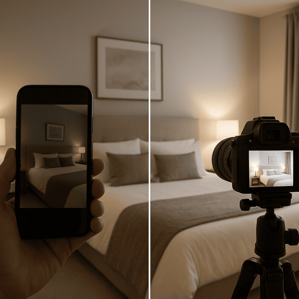 Professionelle Immobilienfotografie eines modernen Schlafzimmers – Vergleich zwischen Smartphone und Kamerafoto