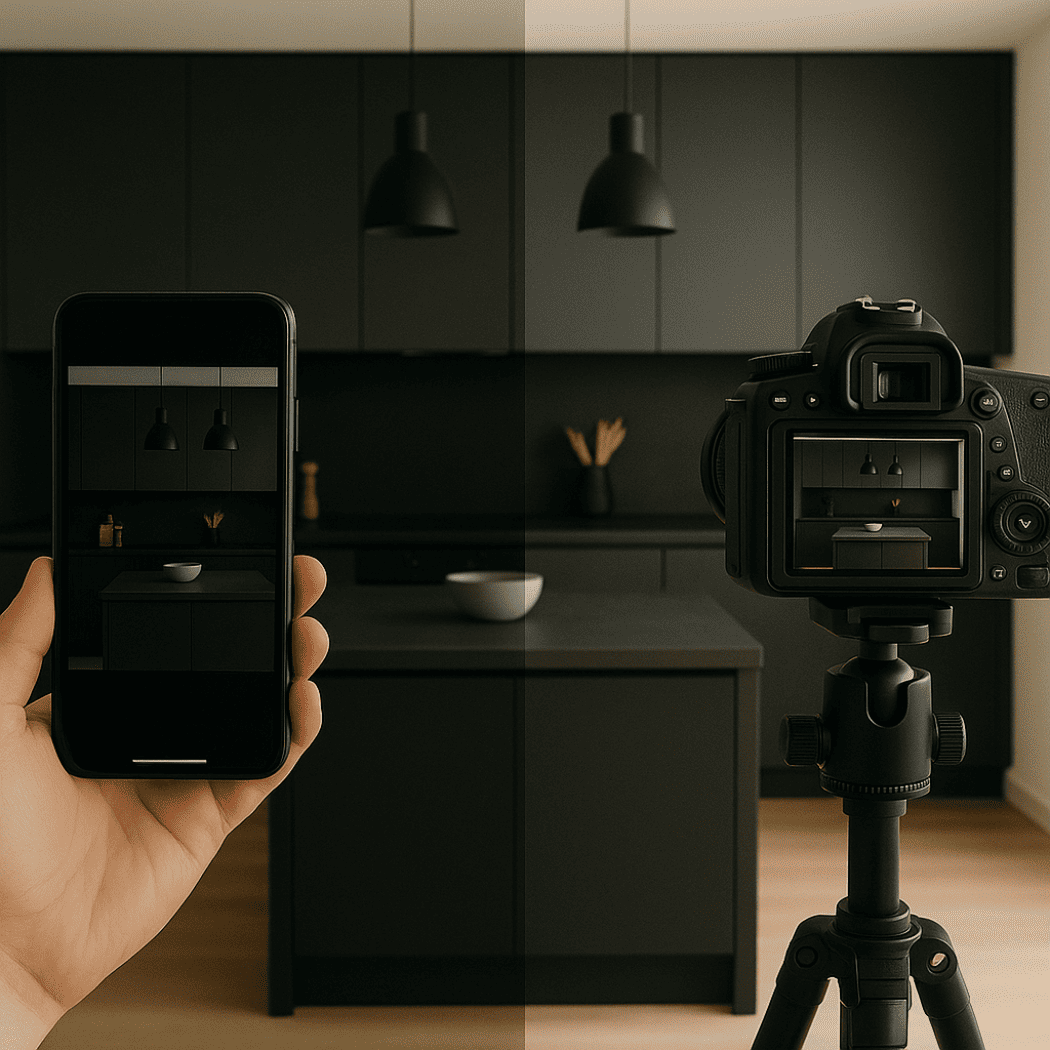 Professionelle Immobilienfotografie einer modernen schwarzen Küche – Vergleich zwischen Smartphone und Kamerafoto