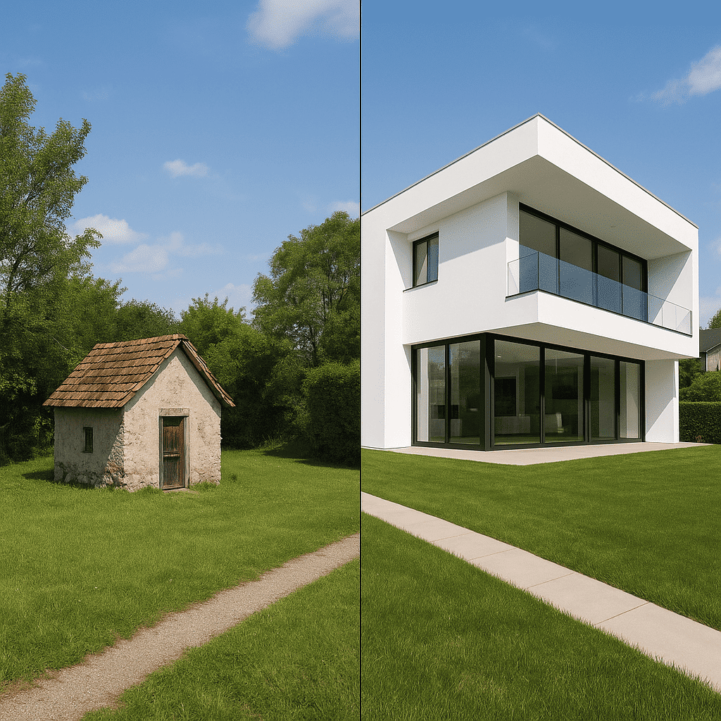 Vergleich auf einem Grundstück: links alte Kleinbaute, rechts modernes Neubau-Einfamilienhaus – Entwicklungspotenzial einer Immobilie im direkten Vergleich.