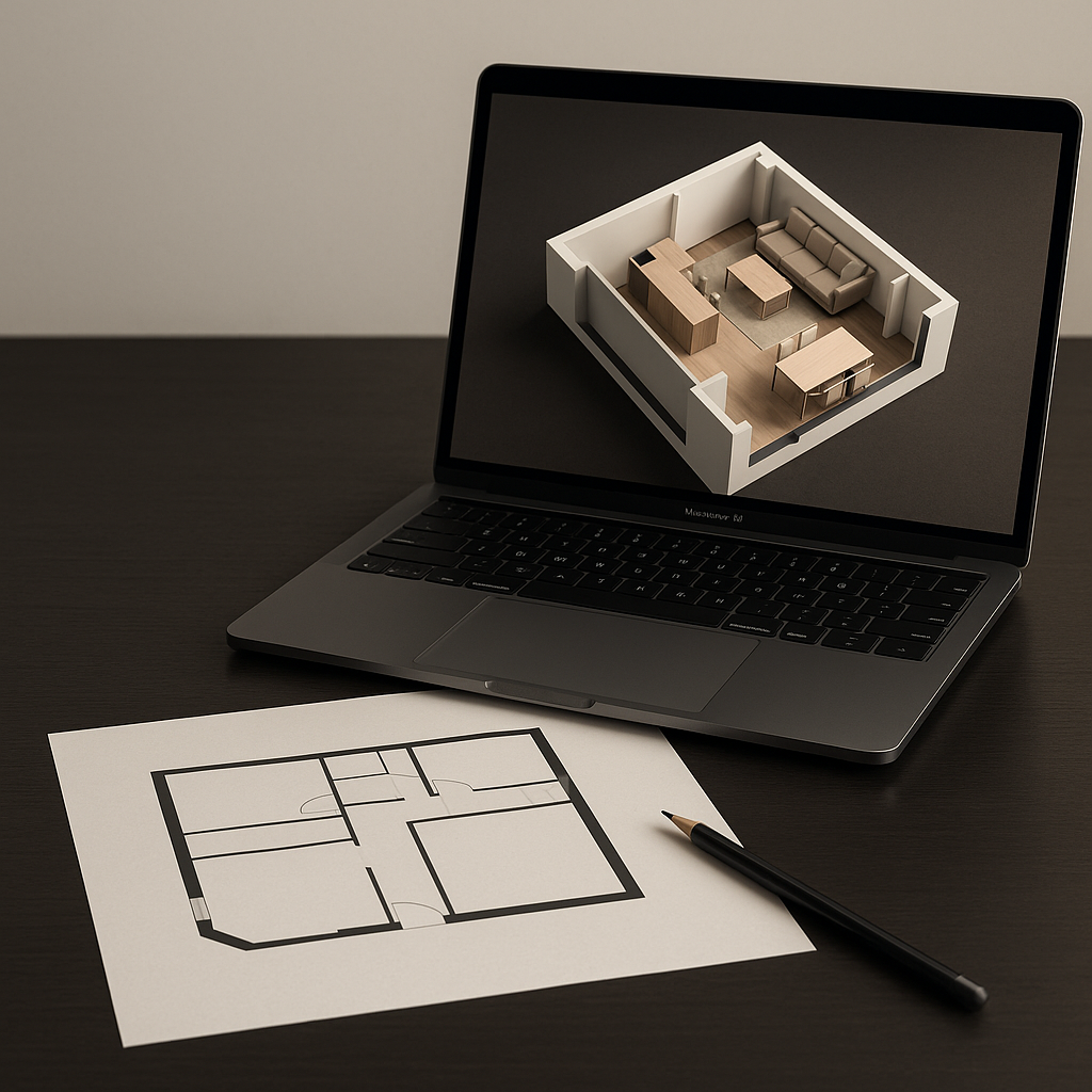 Schreibtisch mit gedrucktem Grundriss und Laptop, auf dem eine moderne 3D-Raumvisualisierung mit Küche, Tisch und Sofa angezeigt wird.