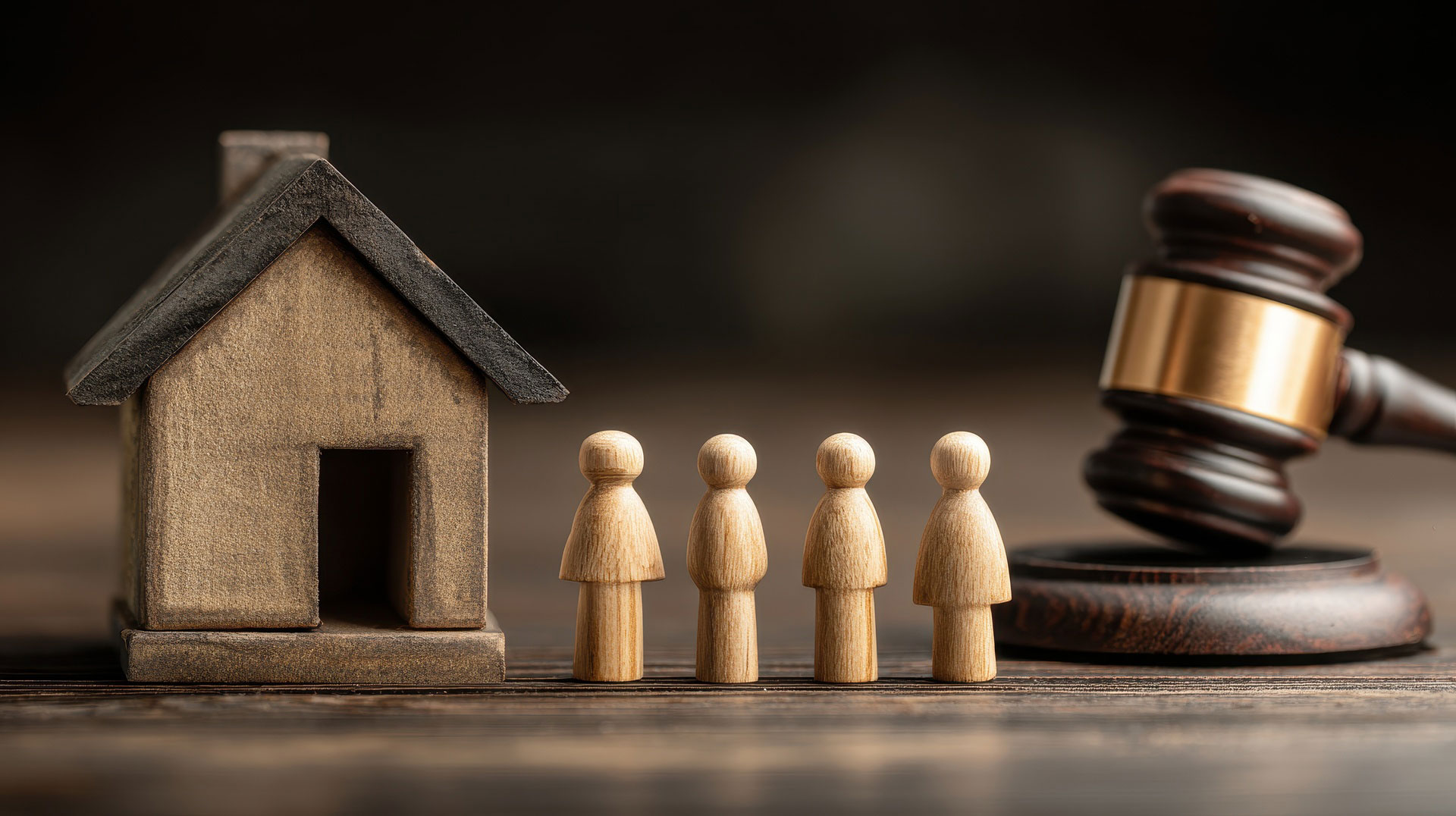 Hausmodell, Holzfiguren und Richterhammer