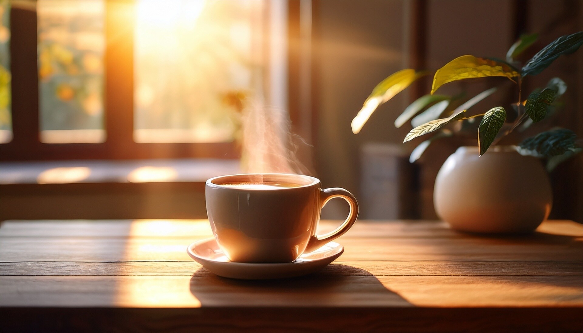 Kaffeetasse auf einem Tisch bei Sonnenuntergang