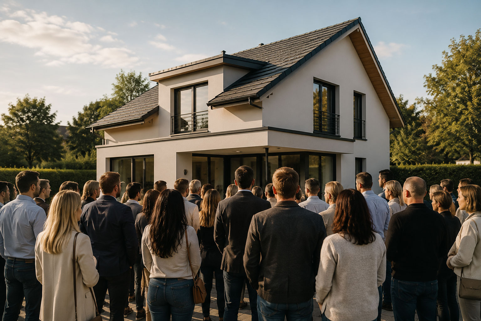Viele Menschen vor einem Haus
