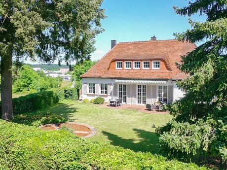 Haus / Villa auf einem Parkgrundstück mit Bäumen davor und blauem Himmel
