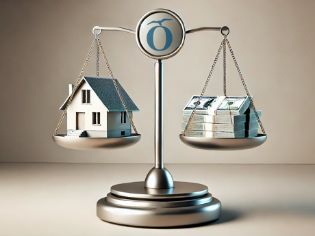 Zeigt eine Waage mit Haus und Geld