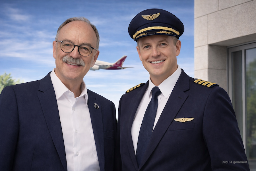Pilot einer internationalen Premium-Airline und Immobilienexperte Frank Böckler stehen gemeinsam vor einem fliegenden Passagierflugzeug am Himmel – Symbol für exklusive Kapitalanlage und internationales Vertrauen.