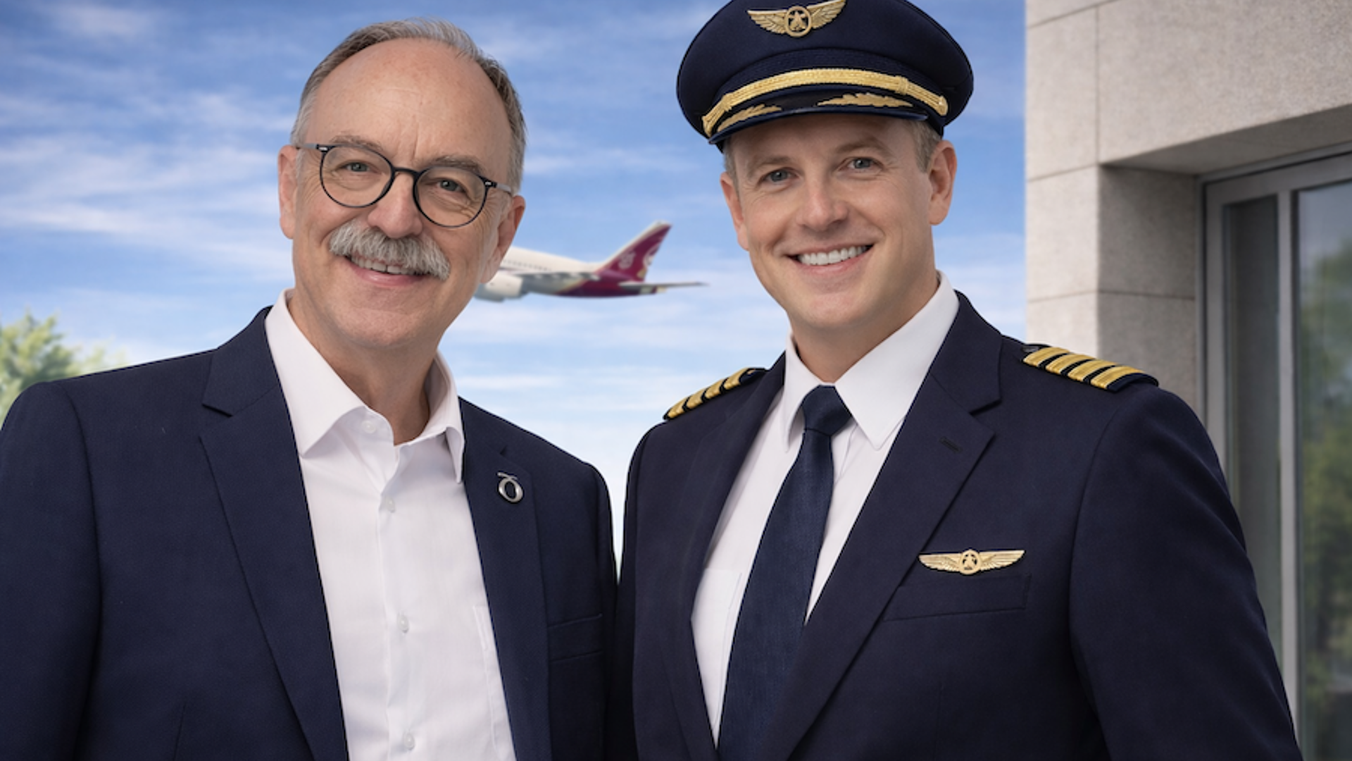 Pilot einer internationalen Premium-Airline und Immobilienexperte Frank Böckler stehen gemeinsam vor einem fliegenden Passagierflugzeug am Himmel – Symbol für exklusive Kapitalanlage und internationales Vertrauen.