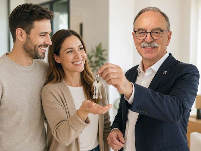 Ein Immobilienmakler übergibt einem glücklichen Paar in einem modernen Wohnraum die Hausschlüssel – ein symbolischer Moment des erfolgreichen Immobilienkaufs.