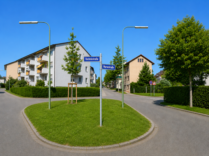 aufnahme der Kreuzung Morsestraße und Oechslestraße im Ersinger Quartier in Pforzheim. Die Aufnahme zeigt die gewachsene Wohnbebauung mit gepflegten Mehrfamilienhäusern, großzügigen Grünflächen, altem Baumbestand und ruhigen Anliegerstraßen.