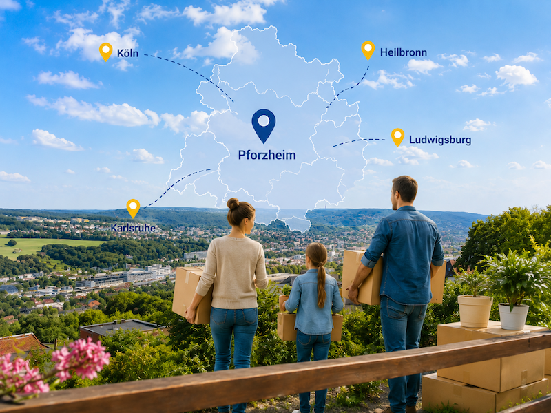 Familie zieht nach Pforzheim: Panorama über Pforzheim und den Enzkreis mit transparenter Regionskarte und Herkunftsorten wie Karlsruhe, Heilbronn, Ludwigsburg und Köln als Symbol für den Zuzug in die Region.