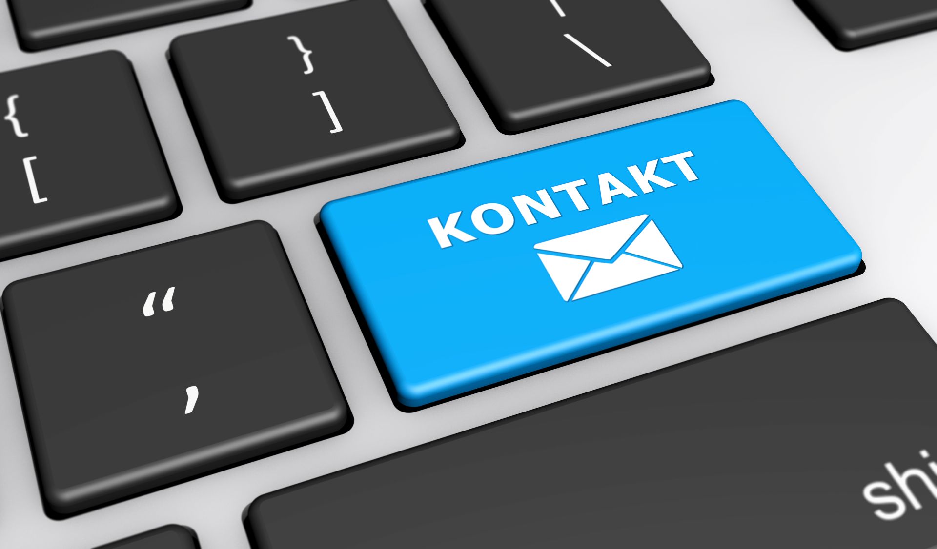 Tastatur mit blauer KONTAKT-Taste und Briefumschlag-Symbol für E-Mail.