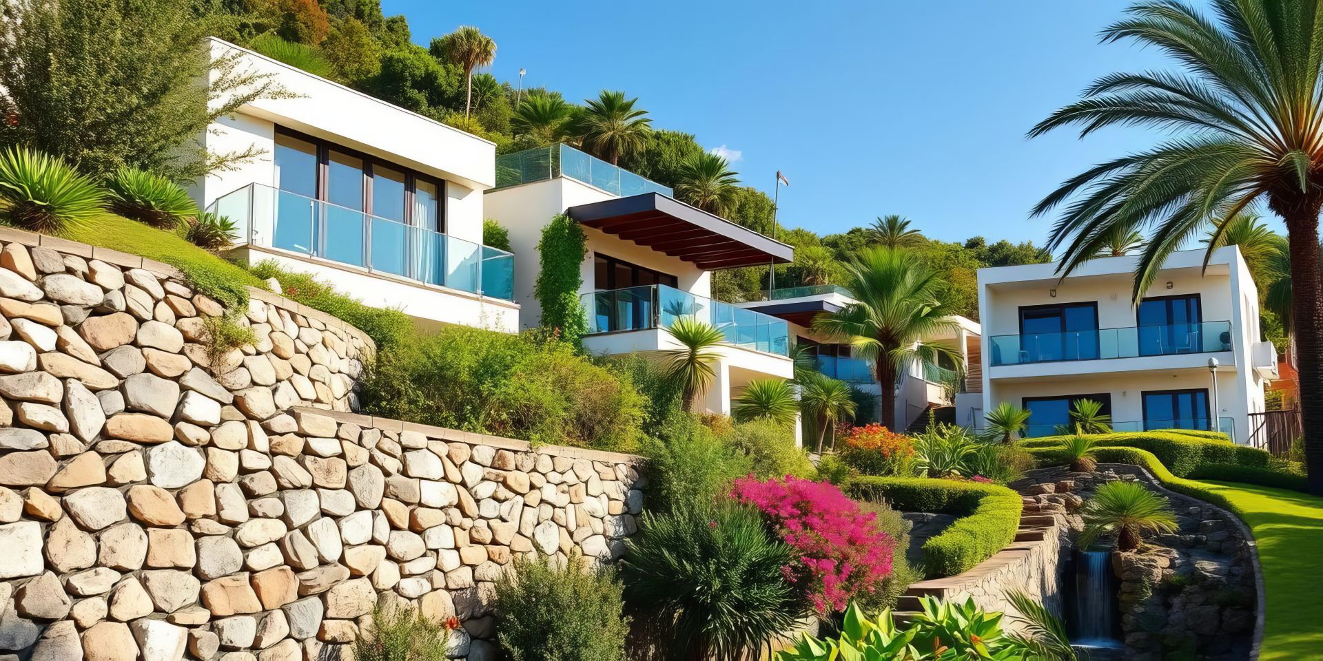 Villen in Hanglage, große Fenster, Palmen, Steinmauer.