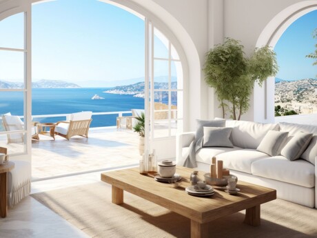 Modernes Wohnzimmer mit Meerblick, großen Fenstern und Terrasse.