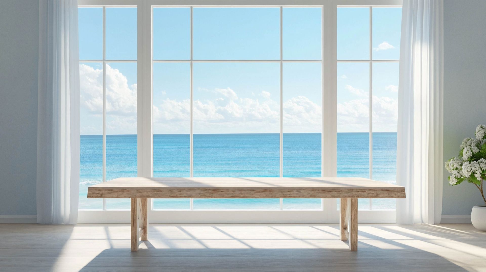 Holzbank, großes Fenster mit Meerblick, weiße Vorhänge, Vase.